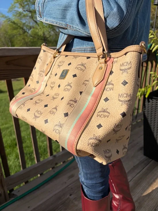 MCM Beige/Pale Pink Monogram Canvas Tote with Striped Trim - Picture 2 of 12